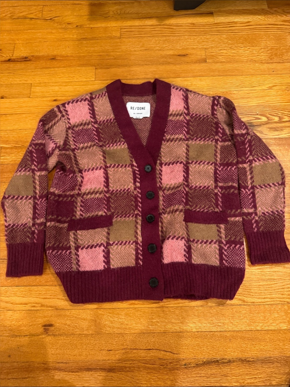Re/Done Women’s Burgundy and Pink Plaid Button Cardigan Size XS